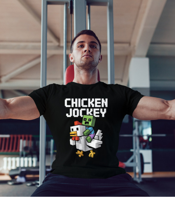 CHICKEN JOCKEY Pixelated Green Zombie Riding White Chicken T-Shirt