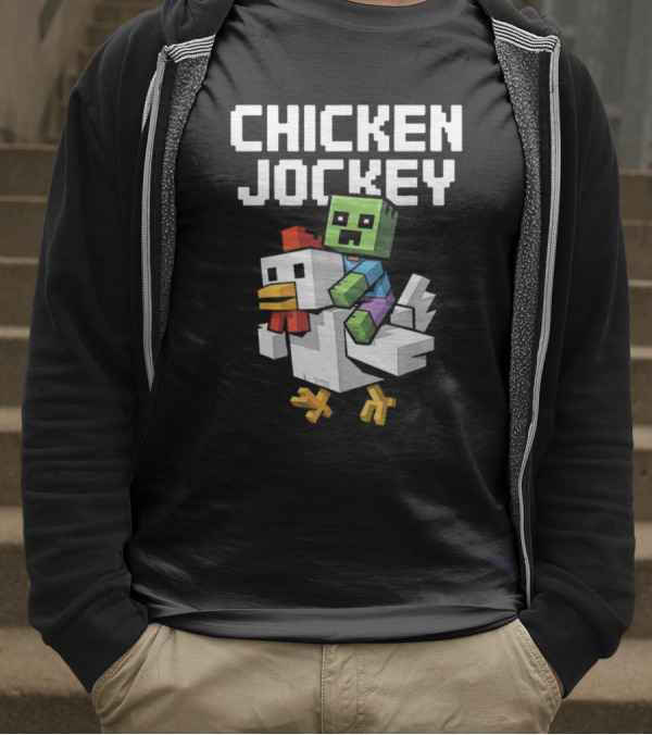 CHICKEN JOCKEY Pixelated Green Zombie Riding White Chicken T-Shirt