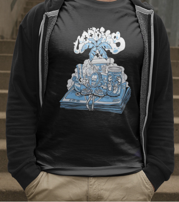 Cookiessf Laid Back Smoking Character With Money And Marijuana Elements T-Shirt