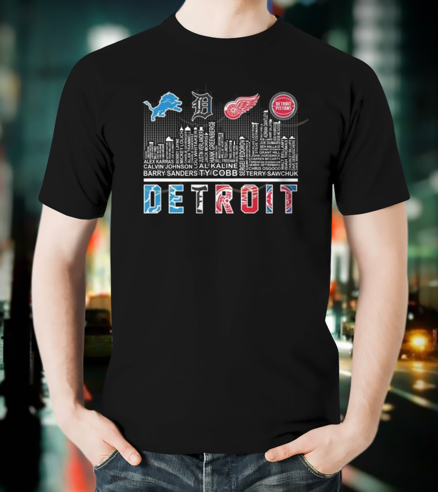 Detroit Lions X Detroit Tigers X Detroit Red Wings X Detroit Pistons Skyline 2025 T-Shirt