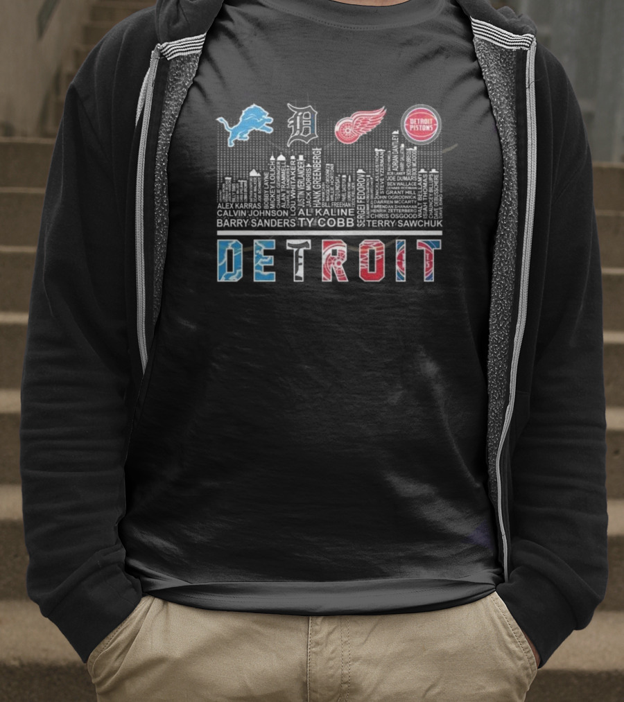 Detroit Lions X Detroit Tigers X Detroit Red Wings X Detroit Pistons Skyline 2025 T-Shirt