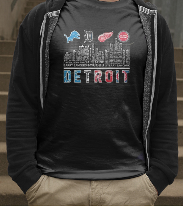 Detroit Lions X Detroit Tigers X Detroit Red Wings X Detroit Pistons Skyline 2025 T-Shirt