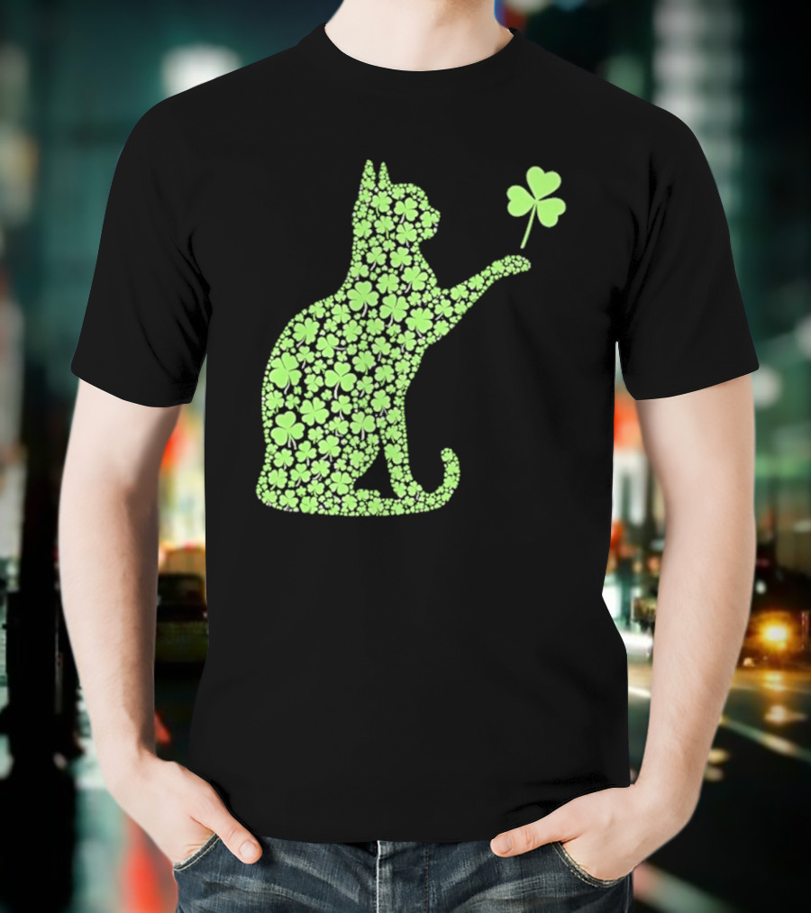 Funny St. Patrick’S Day Shamrock Cat Irish T-Shirt