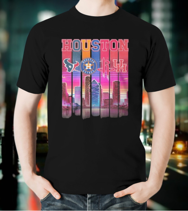 Houston Retro Skyline Texans Astros Rockets And Cougars T-Shirt