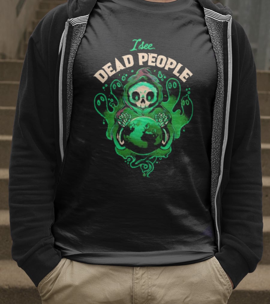 I See Dead People Grim Reaper Holding Earth With Ghosts T-Shirt