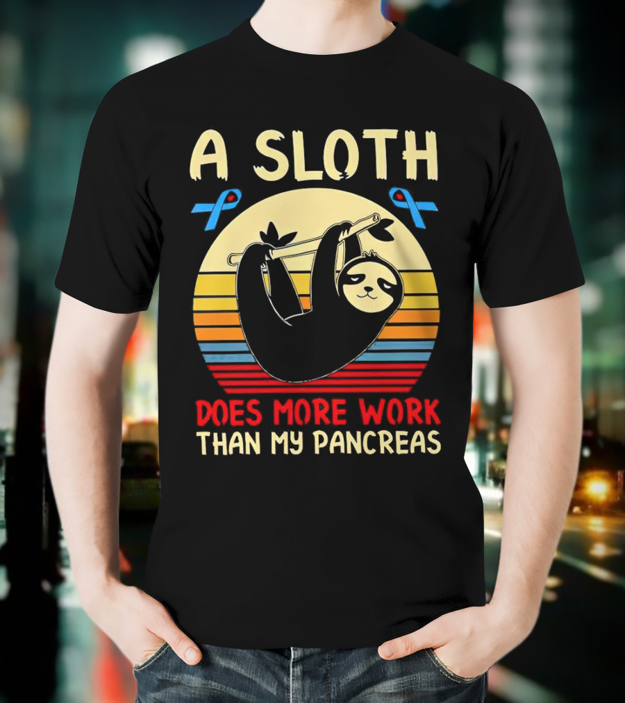 A Sloth Does More Work Than My Pancreas Vintage Style With Blue Diabetes Awareness Ribbons T-Shirt