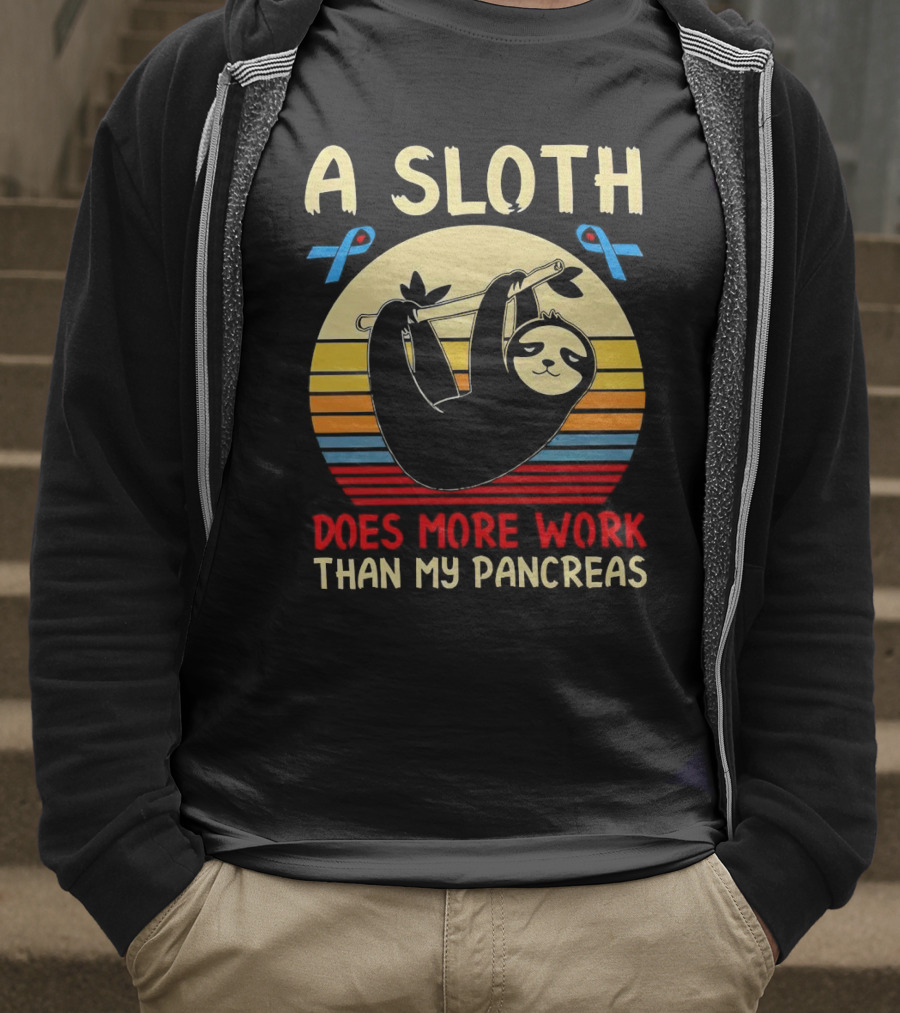 A Sloth Does More Work Than My Pancreas Vintage Style With Blue Diabetes Awareness Ribbons T-Shirt
