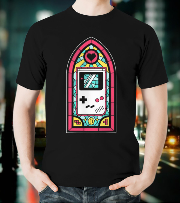 Game Boy 8-Bit Stained Glass Heart Coin Pixel Art Window T-Shirt