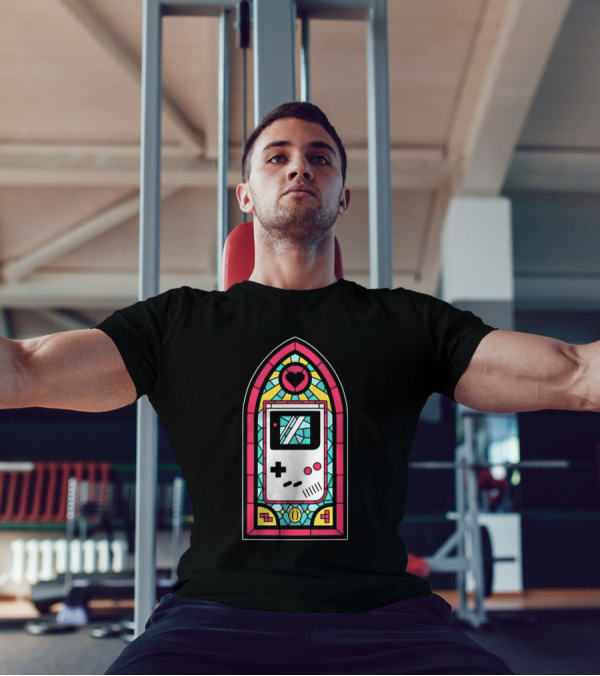 Game Boy 8-Bit Stained Glass Heart Coin Pixel Art Window T-Shirt