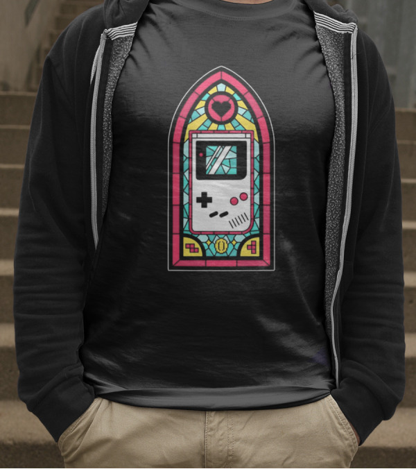 Game Boy 8-Bit Stained Glass Heart Coin Pixel Art Window T-Shirt