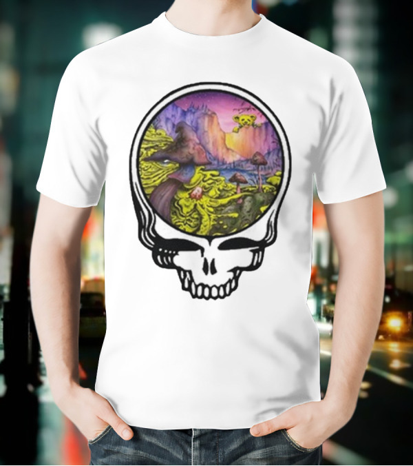 Grateful Dead Skull With Psychedelic Landscape And Mushrooms T-Shirt