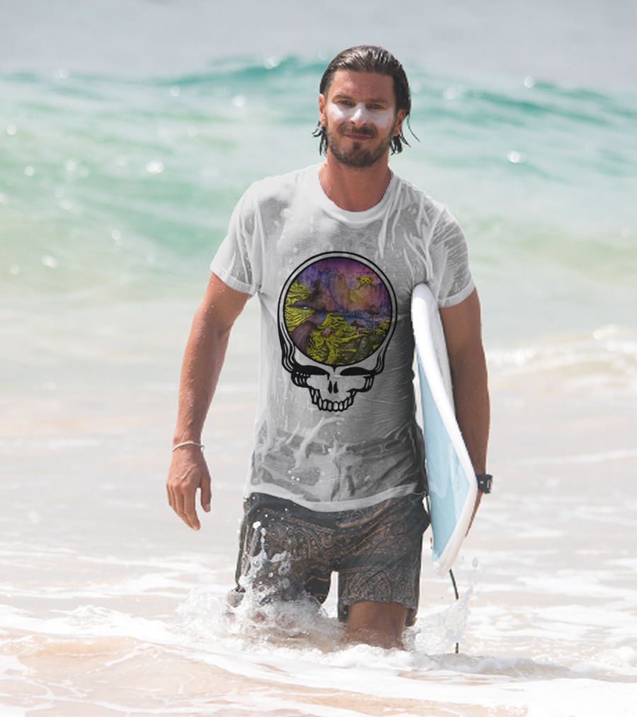 Grateful Dead Skull With Psychedelic Landscape And Mushrooms T-Shirt