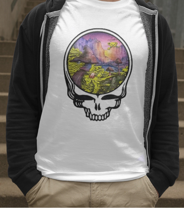 Grateful Dead Skull With Psychedelic Landscape And Mushrooms T-Shirt