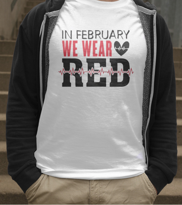 In February We Wear Red Heartbeat Motif T-Shirt