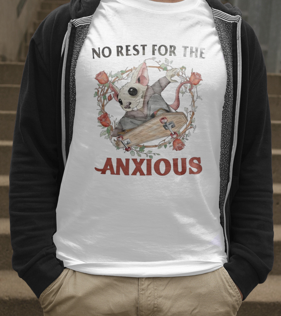 No Rest For The Anxious Rat In A Suit With Roses And Skateboard Coffin T-Shirt