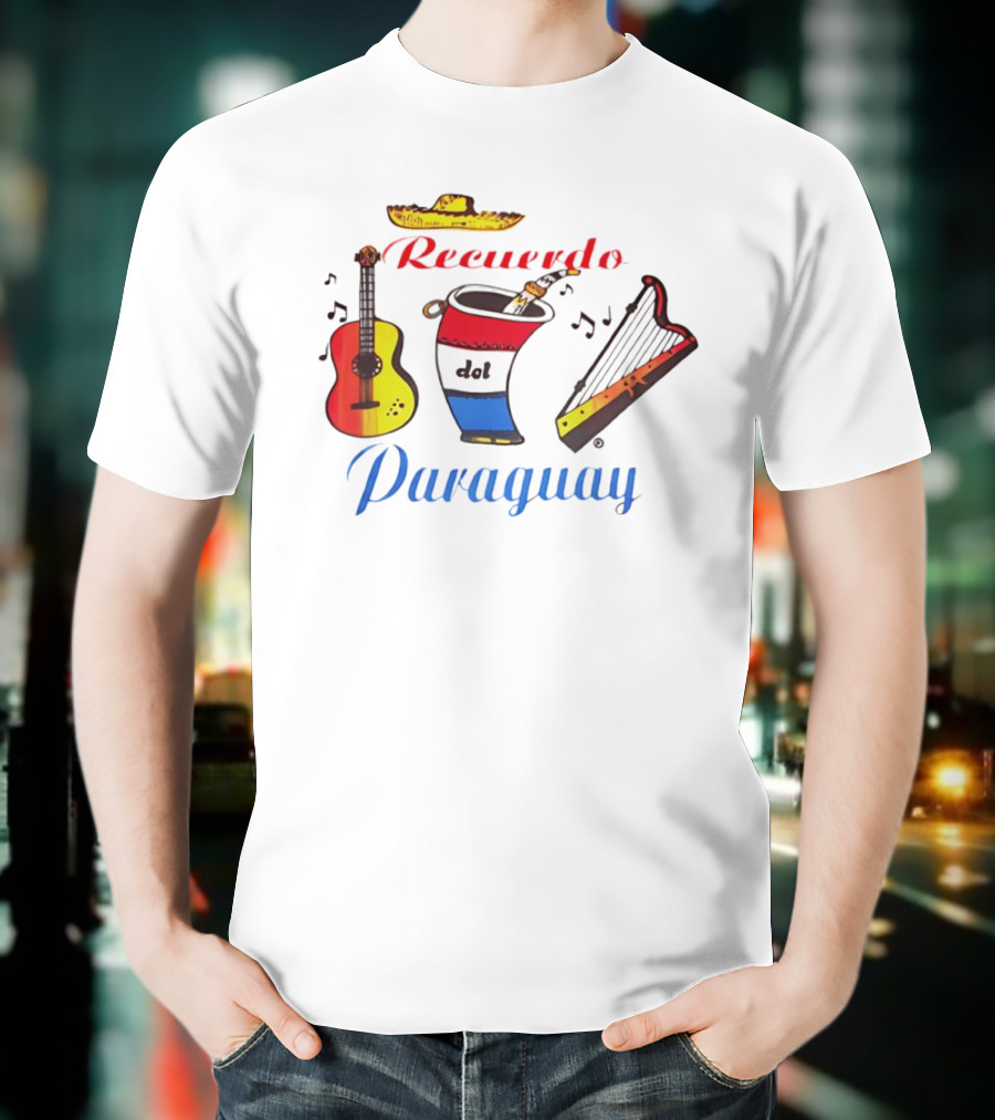 Recuerdo Del Paraguay Sombrero Guitar Mate Harp Music Notes T-Shirt