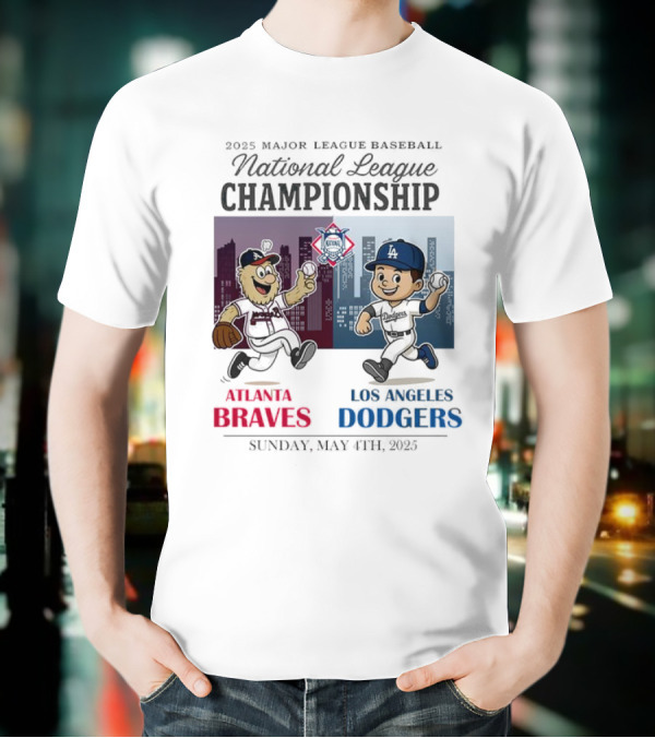 Atlanta Braves Los Angeles Dodgers National League 2025 Major League Baseball Skyline Cartoon Characters T-Shirt