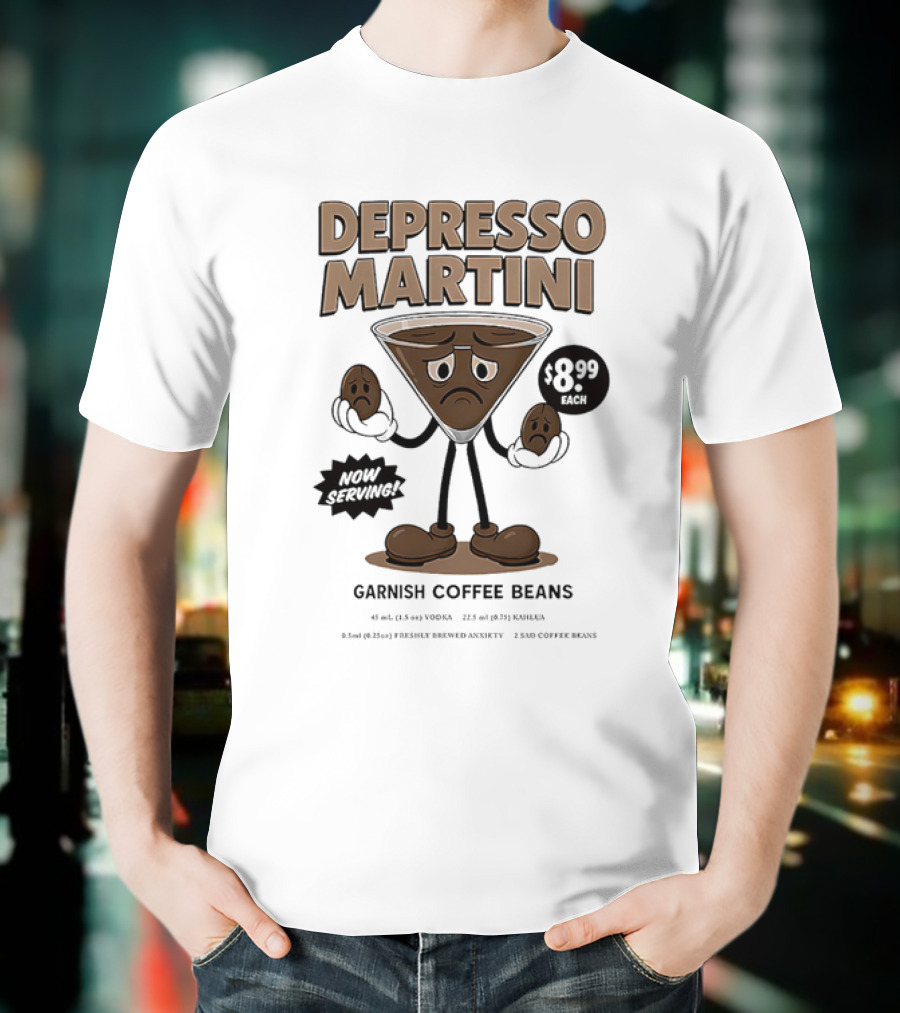 Depresso Martini Garnish Coffee Beans Cartoon Sad Face T-Shirt