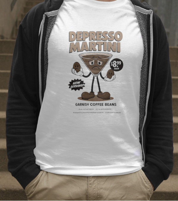 Depresso Martini Garnish Coffee Beans Cartoon Sad Face T-Shirt