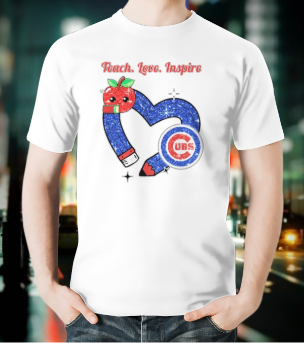 Chicago Cubs Teach Love Inspire Apple Pencil Heart T-Shirt