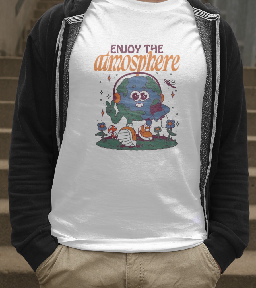Enjoy The Atmosphere Planet Earth Headphones Peace Flowers T-Shirt