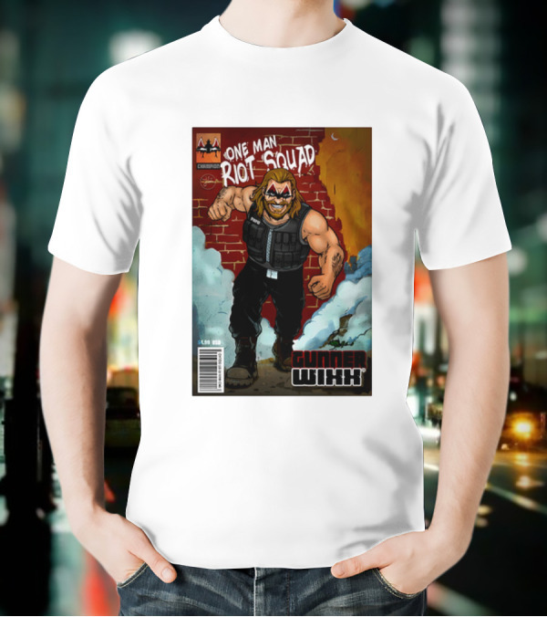 One Man Riot Squad Comic Cover Gunner Wixx Face Paint Featuring Champion Branding T-Shirt