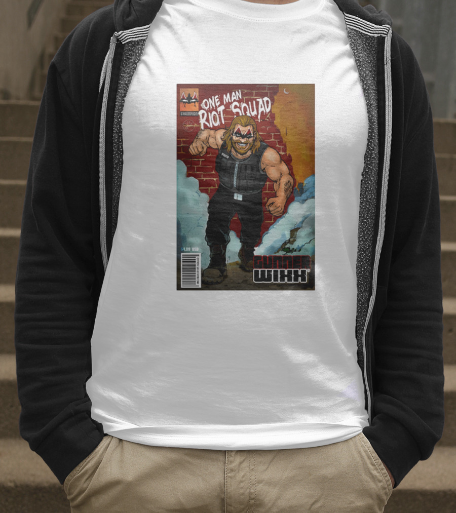 One Man Riot Squad Comic Cover Gunner Wixx Face Paint Featuring Champion Branding T-Shirt