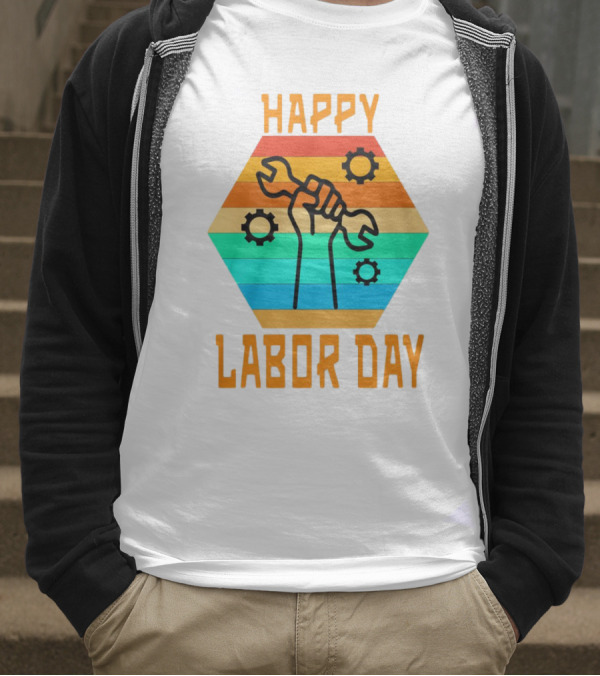 Colorful Wrench Fist Gear Happy Labor Day T-Shirt