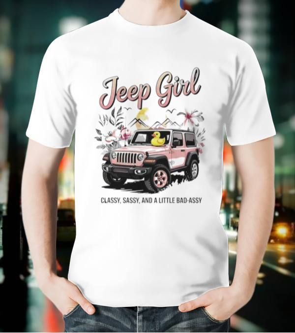 Jeep Girl Classy Sassy And Little Bad-Assy Pink Jeep Rubber Duck Floral Bunnies T-Shirt