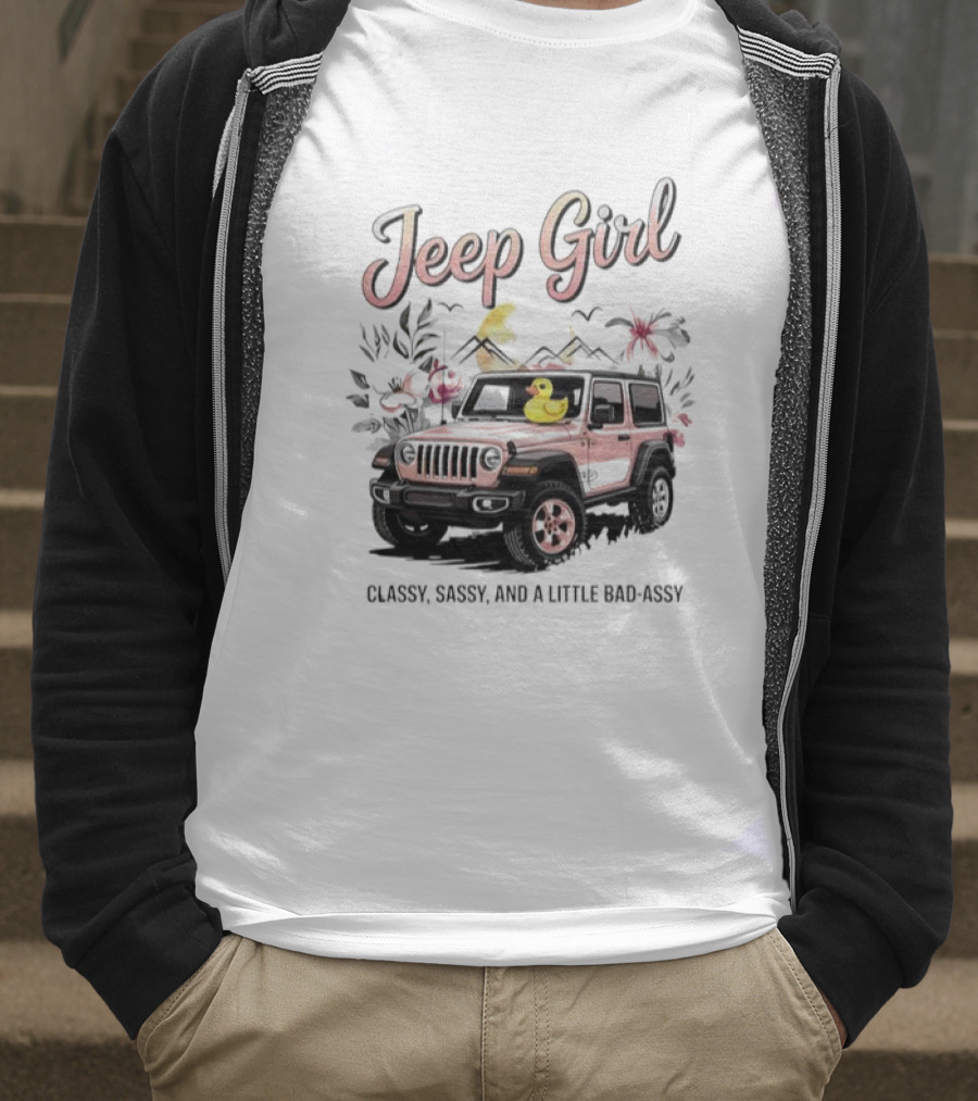 Jeep Girl Classy Sassy And Little Bad-Assy Pink Jeep Rubber Duck Floral Bunnies T-Shirt