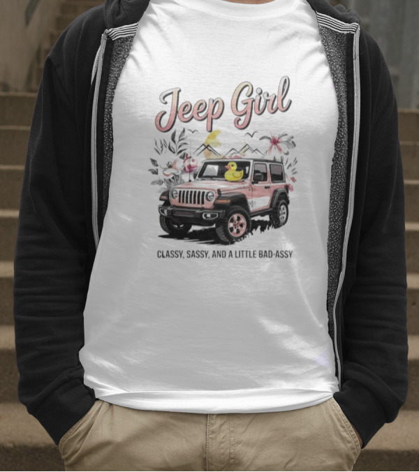 Jeep Girl Classy Sassy And Little Bad-Assy Pink Jeep Rubber Duck Floral Bunnies T-Shirt