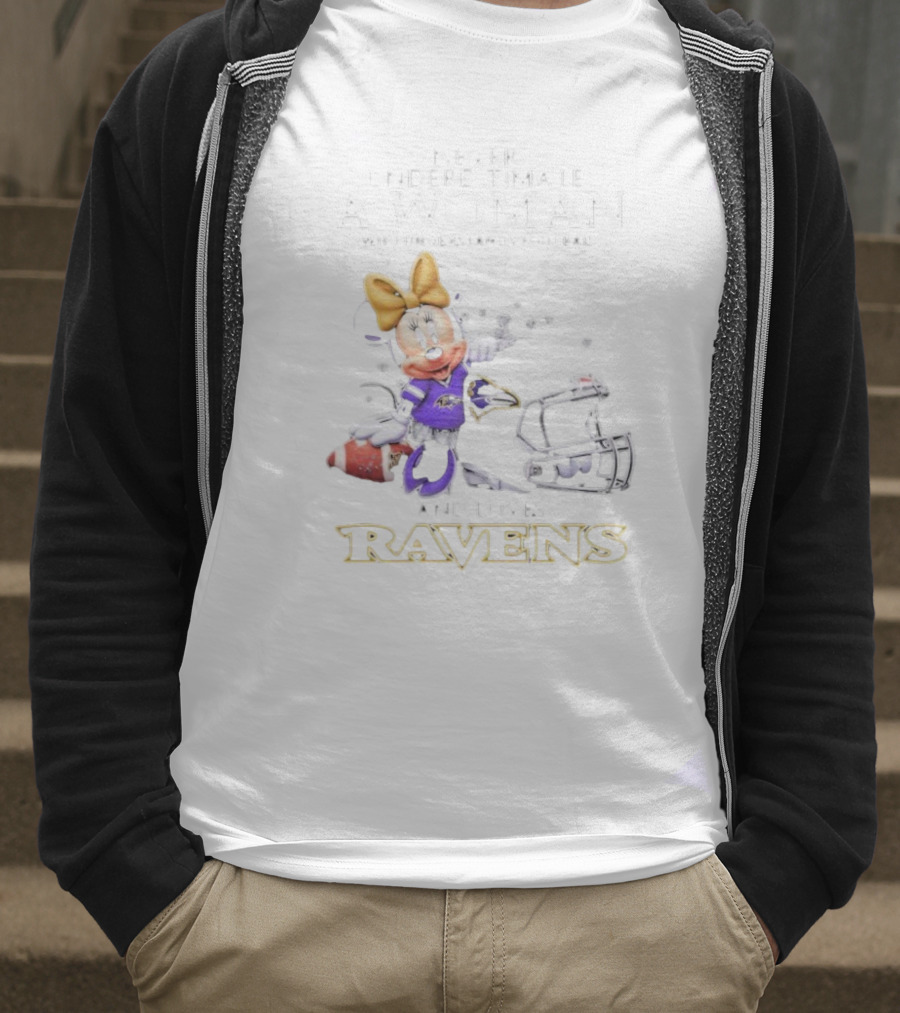 Never Underestimate A Woman Who Understands Football And Loves Ravens Disney Minnie T-Shirt