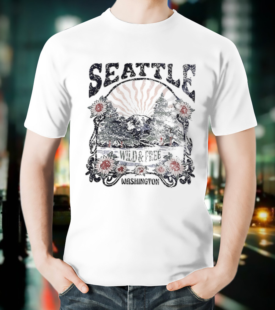 Seattle Washington Wild And Free Sunrise Trees Flowers T-Shirt