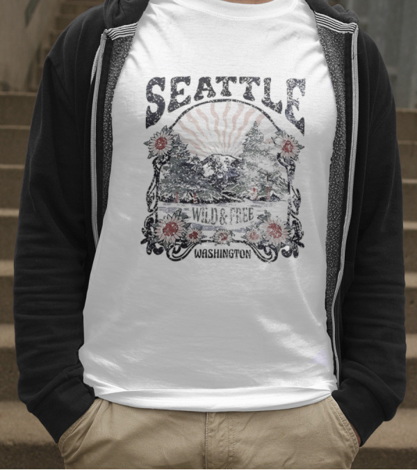 Seattle Washington Wild And Free Sunrise Trees Flowers T-Shirt
