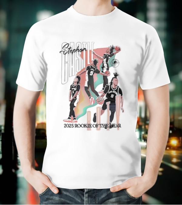 Stephon Castle San Antonio Spurs ROTY 2025 Rookie Of The Year Basketball Motion Stripes T-Shirt