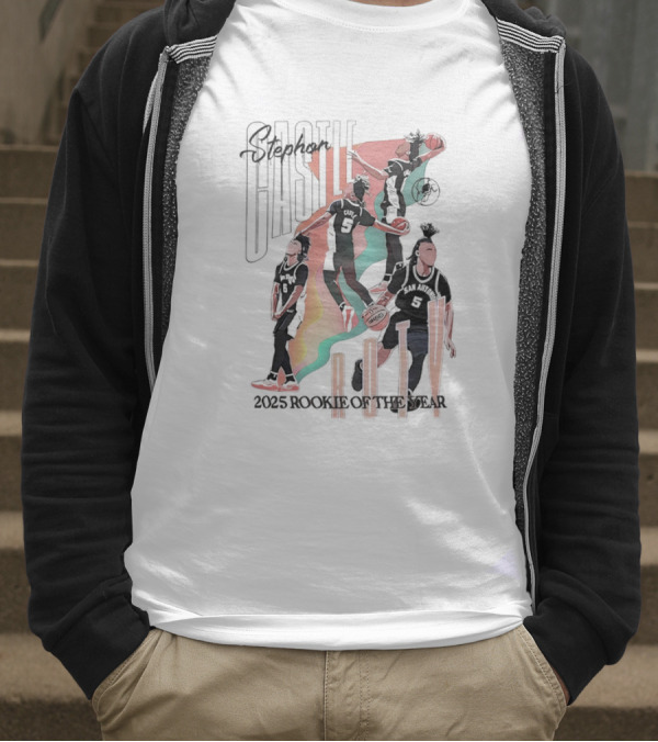 Stephon Castle San Antonio Spurs ROTY 2025 Rookie Of The Year Basketball Motion Stripes T-Shirt