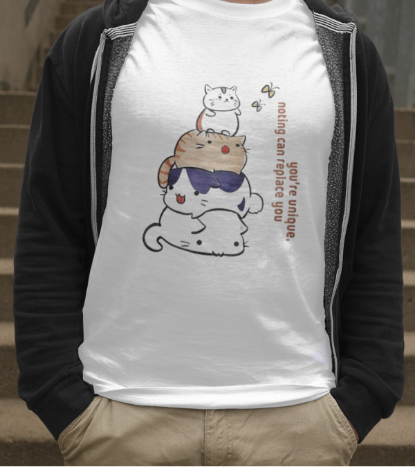 You’re Unique Nothing Can Replace You Kawaii Cat Stack Illustration T-Shirt
