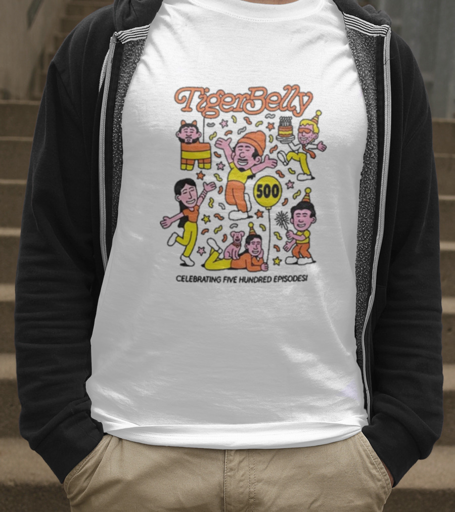 Tigerbelly 500 Episode Celebration Festive Characters And Balloon T-Shirt