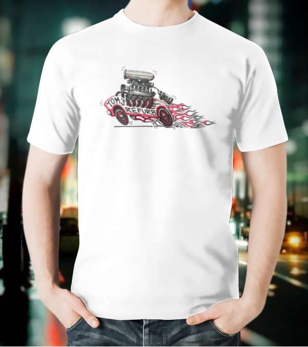 Tom’s Refurb Hot Rod Car Illustration Flames And Engine Art T-Shirt