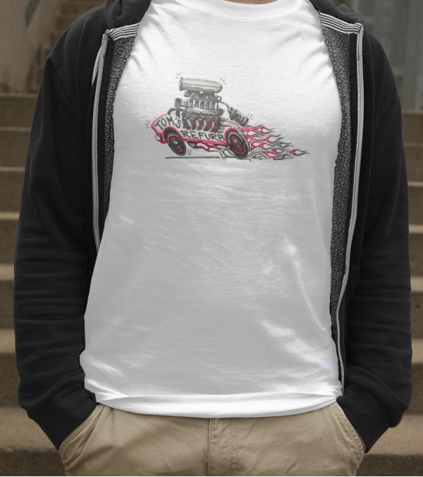 Tom’s Refurb Hot Rod Car Illustration Flames And Engine Art T-Shirt