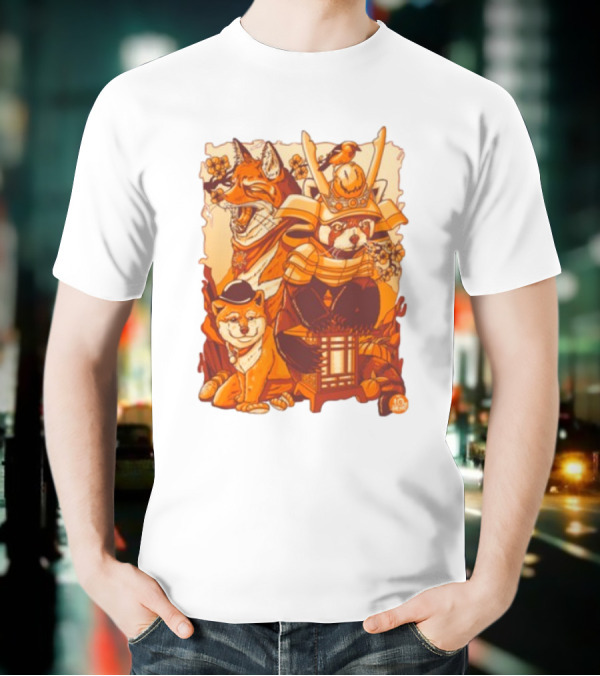 Tenhun Orange Fuzz Fox And Samurai Red Panda With Lantern T-Shirt