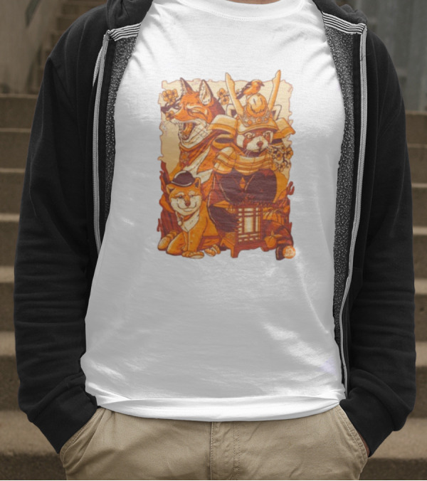 Tenhun Orange Fuzz Fox And Samurai Red Panda With Lantern T-Shirt