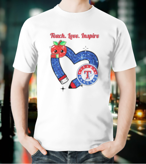 Texas Rangers Sparkling Heart Apple Pencil Teach Love Inspire T-Shirt