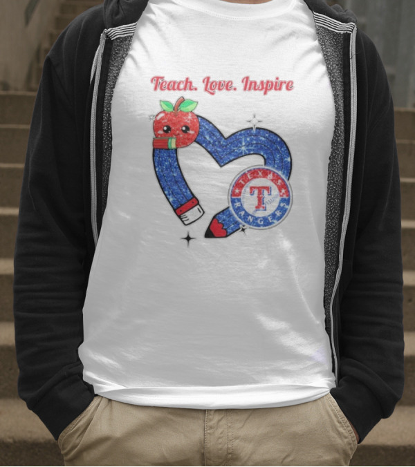 Texas Rangers Sparkling Heart Apple Pencil Teach Love Inspire T-Shirt