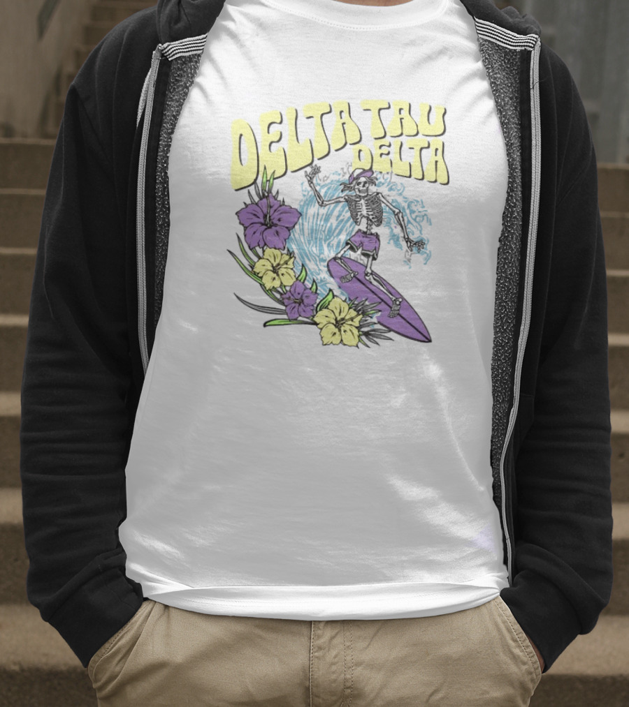 Delta Tau Delta Ride The Wave Skeleton Surfing With Floral Accents T-Shirt
