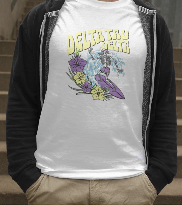 Delta Tau Delta Ride The Wave Skeleton Surfing With Floral Accents T-Shirt