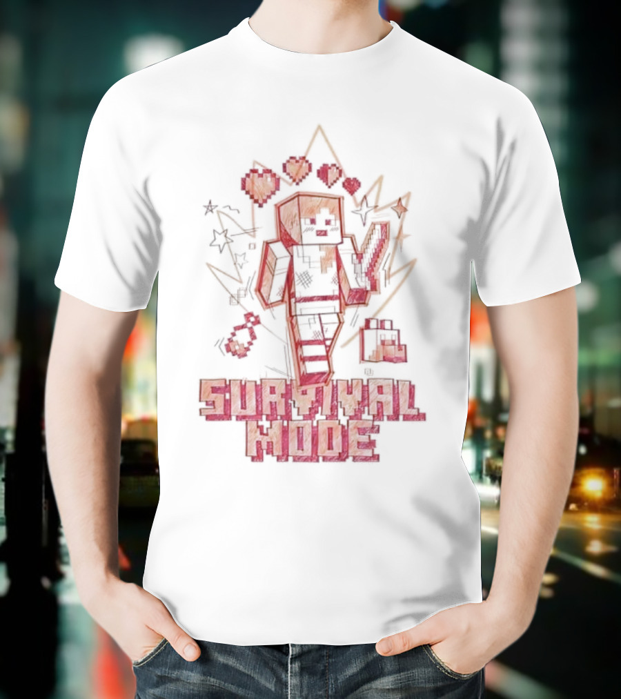 Survival Mode Game Pixel Art Character With Hearts And Tools T-Shirt