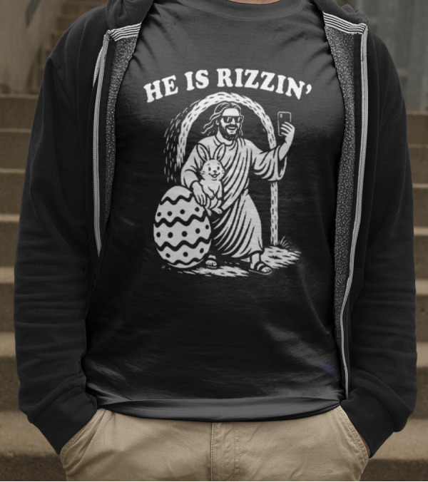 He Is Rizzin Jesus With Bunny And Easter Egg Selfie T-Shirt