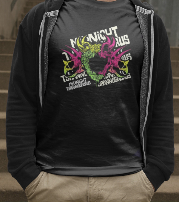 KT8 Midnight Tyrannosaurus Neon Pink Green Skull Illustration T-Shirt