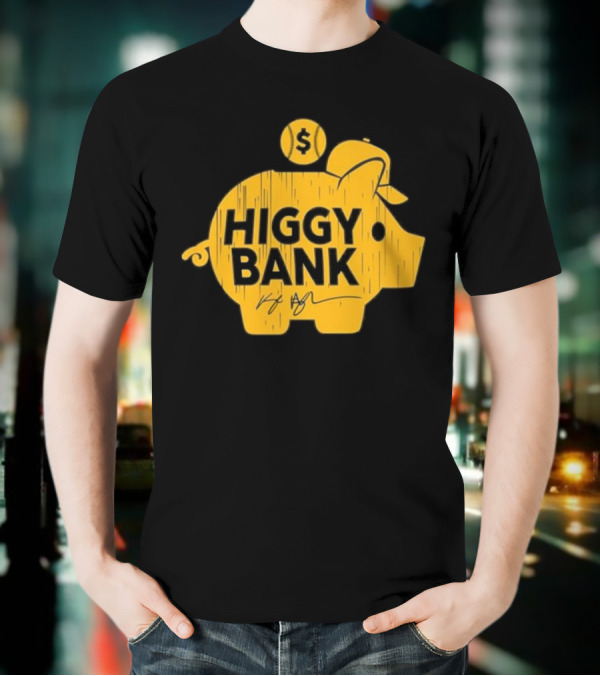 Higgy Bank Piggy Bank Graphic Baseball Theme With Signature And Dollar Sign T-Shirt